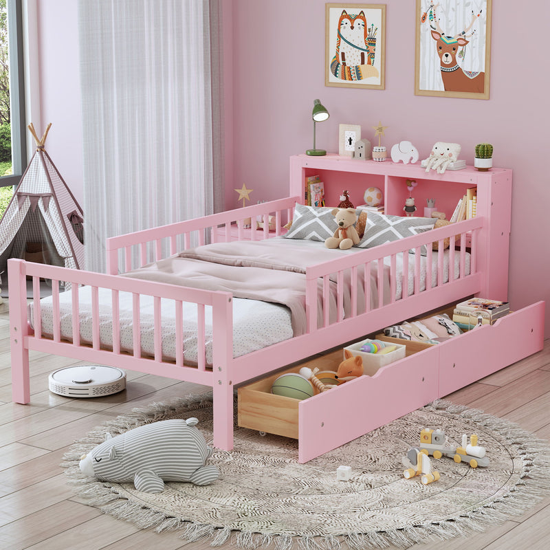 Bed With Headboard Storage Rack, 2 Under Bed Drawers, 3 Side Guardrails For Safety