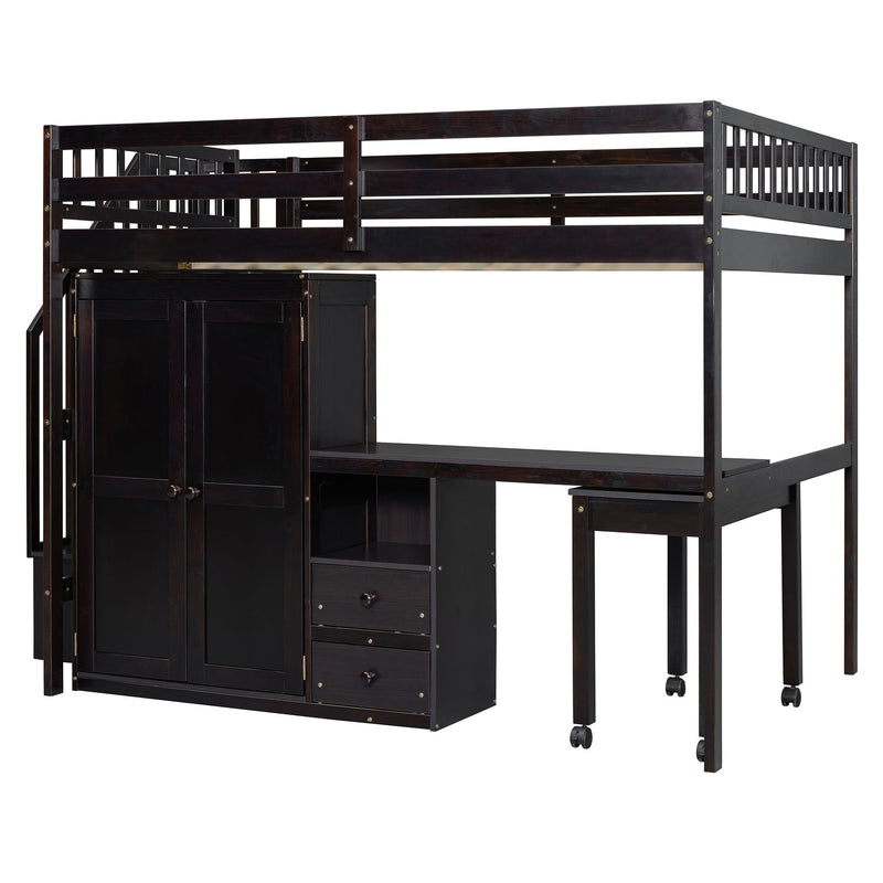 Full Size Loft Bed With Stairs, Bookshelf, Drawers, Desk & Wardrobe, Space Saving Multifunctional Furniture - Espresso