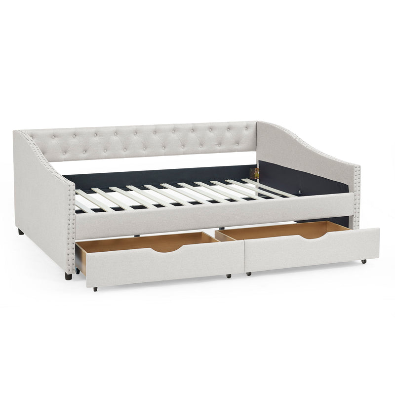 Upholstered Tufted Daybed With Drawers, Waved Arms