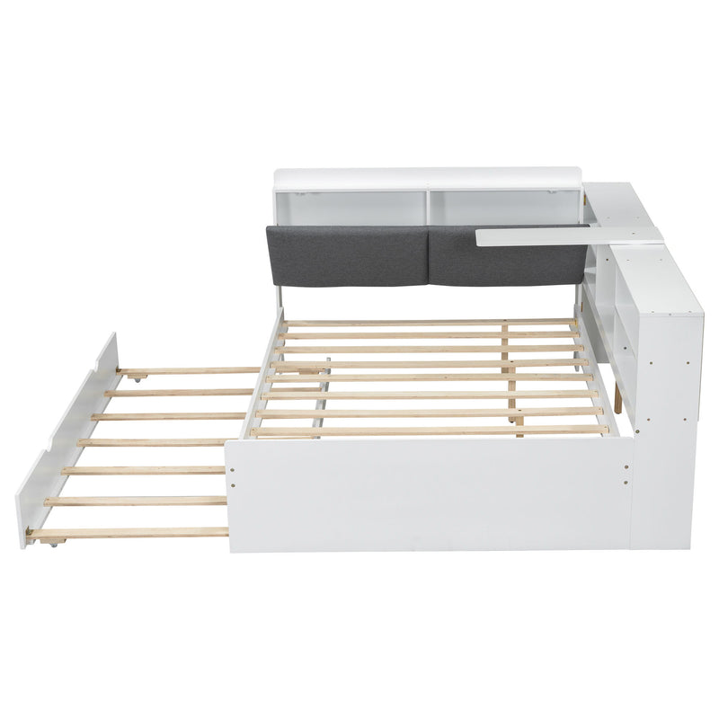 Platform Bed With Trundle, Shelves, And Storage Headboard