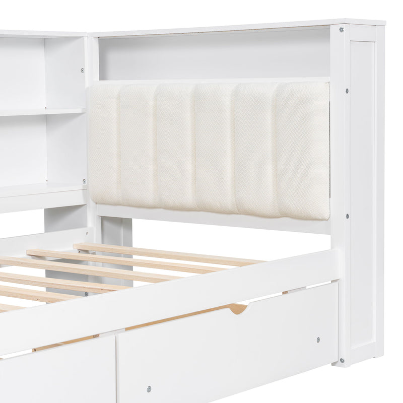 Platform Bed With Upholstered Headboard, Storage Shelves, Drawers, Charging Station, LED Lighting, Built In Desk