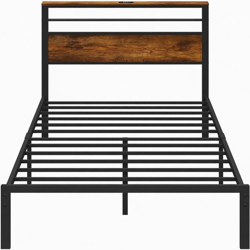 Platform Bed Frame With Charging Station & Headboard Shelves