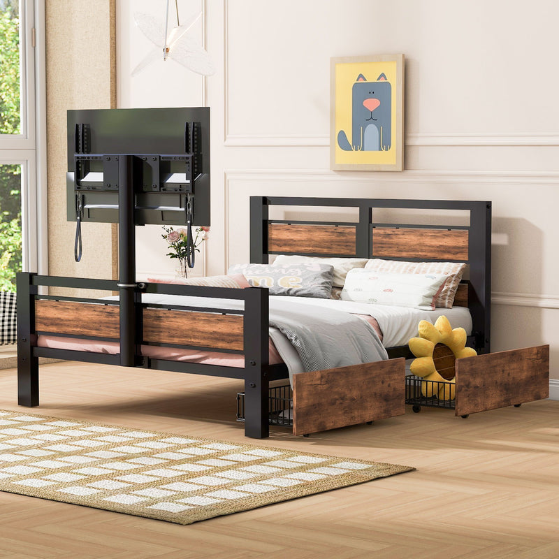 Twin Size Platform Bed With Headboard And Footboard, 2 Storage Drawers And Rotatable TV Stand - Black