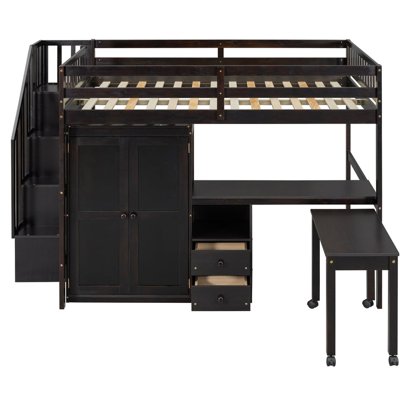 Full Size Loft Bed With Stairs, Bookshelf, Drawers, Desk & Wardrobe, Space Saving Multifunctional Furniture - Espresso