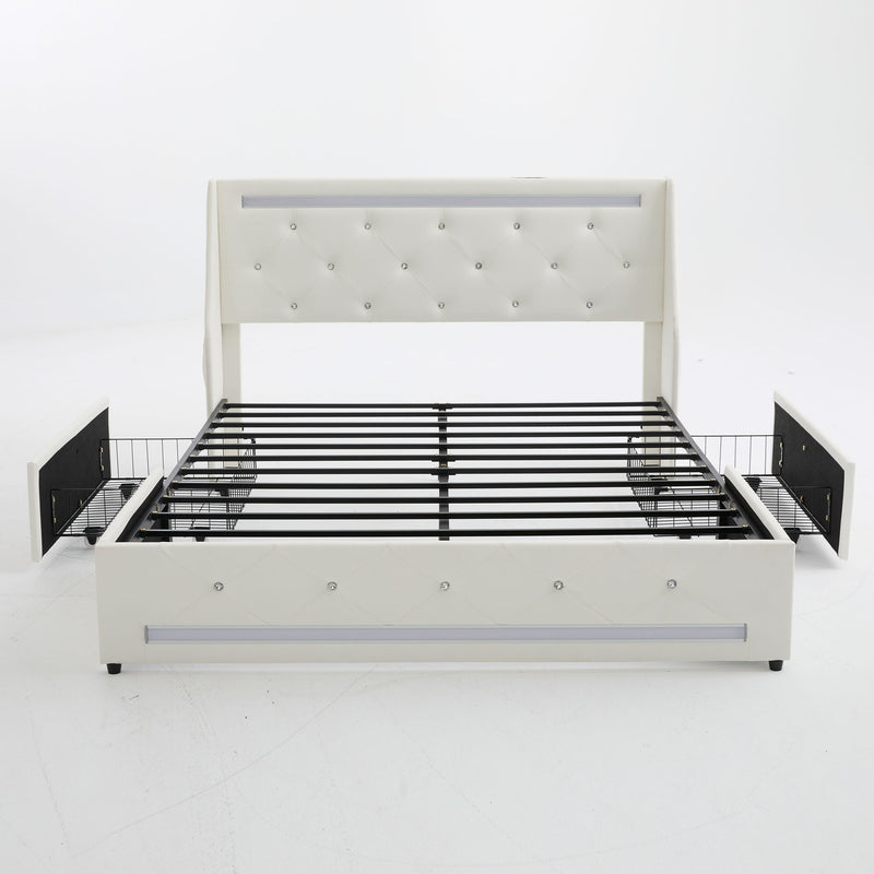 Wingback Upholstered Bed Frame With LED Lights, Charging Station