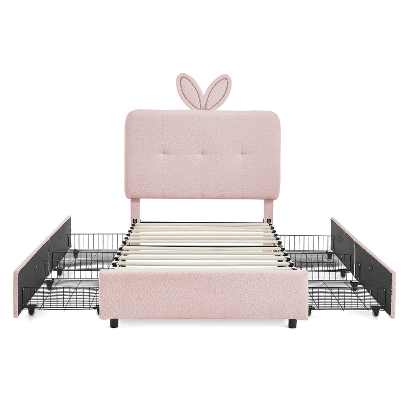 Upholstered Bed With Oversized Rabbit Ear Headboard, LED Lights & 4 Storage Drawers