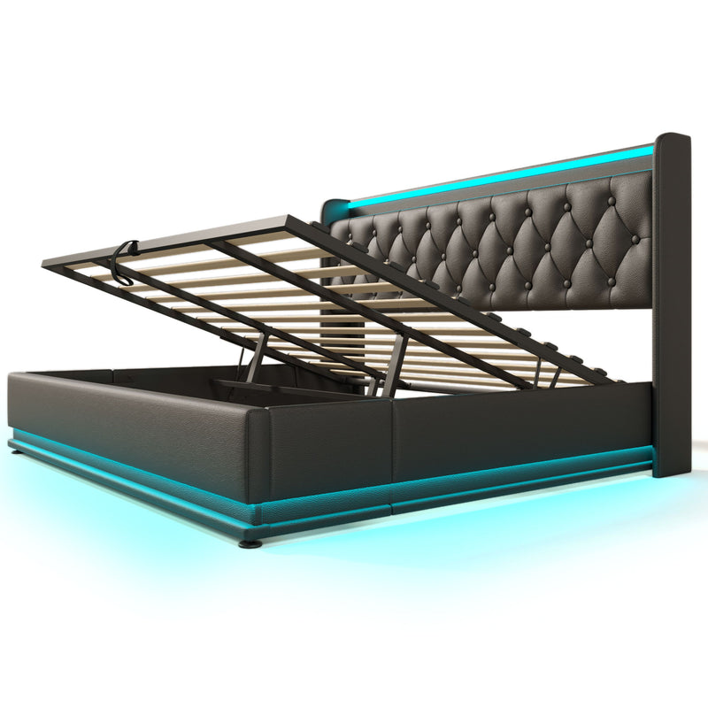 Upholstered Bed, 360 Surround LED Function, Remote Control, Hydraulic Storage Bed With USB, Type-C Charging (Without Mattress)