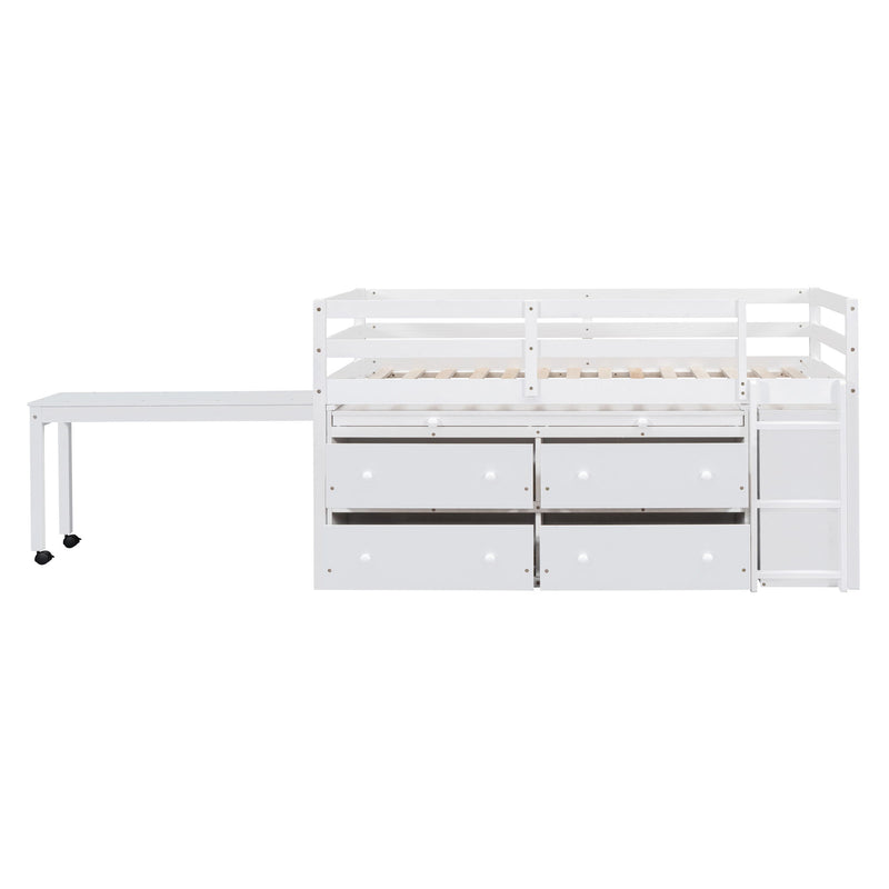 Loft Bed With Retractable Writing Desk And 4 Drawers, With Lateral Portable Desk And Shelves