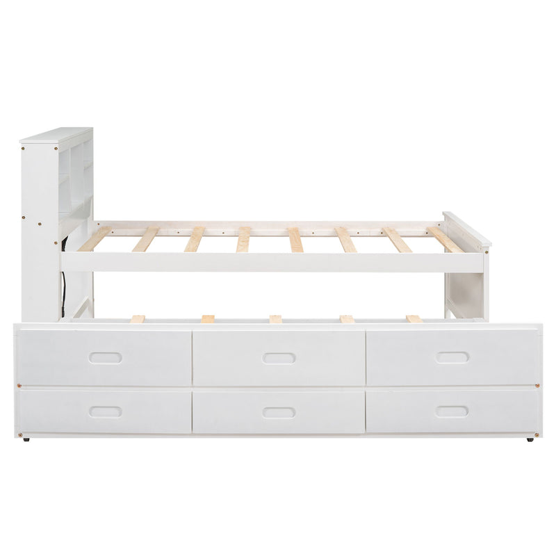 Platform Bed With Storage Headboard, USB, Trundle And 3 Drawers