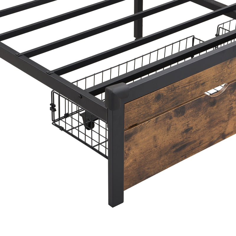 Modern Metal Platform Bed Frame With Wooden Headboard, USB Charging Station, Storage Drawers