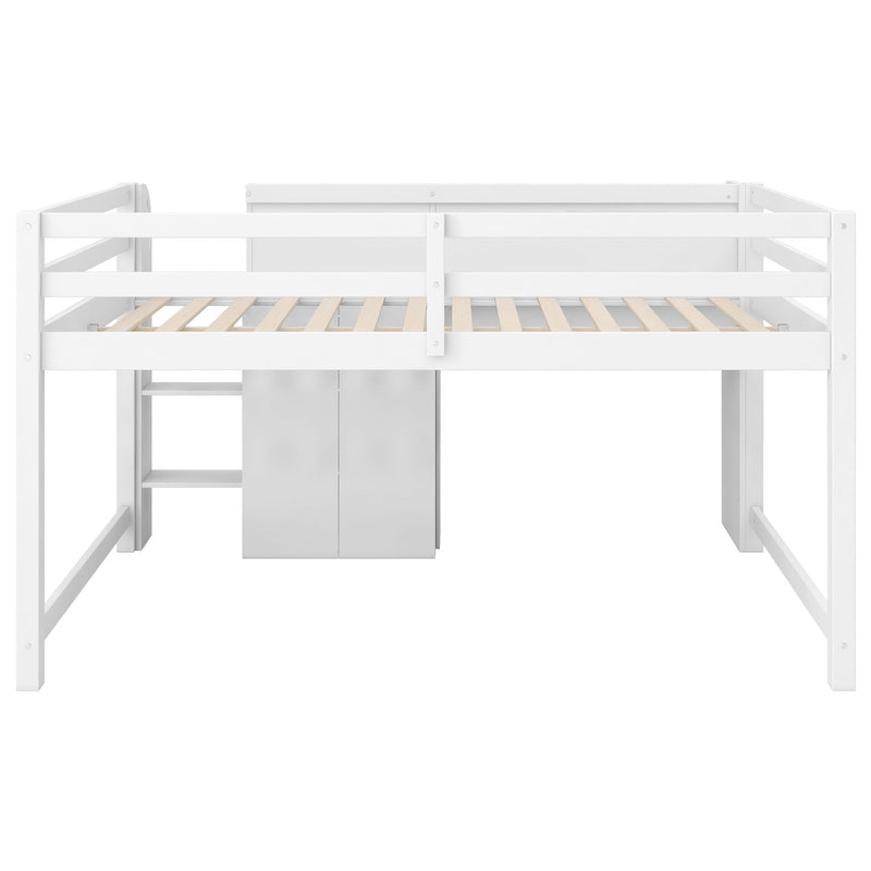 Low Loft Bed With Built In Desk, Storage Cabinets, Open Bookcase And Doodle board