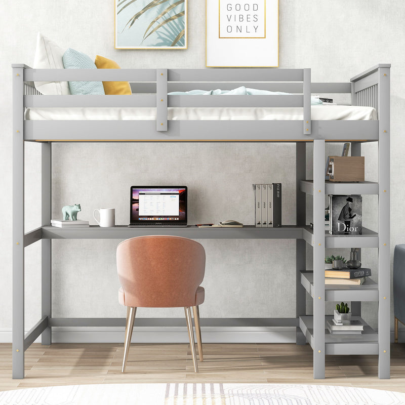 Loft Bed With Storage Shelves And Under Bed Desk