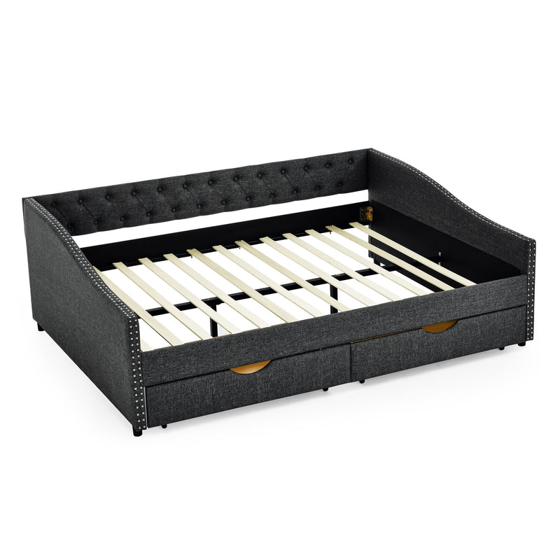 Upholstered Tufted Daybed With 2 Drawers, Waved Arms