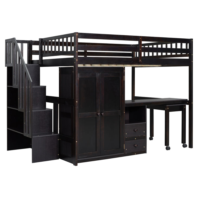 Full Size Loft Bed With Stairs, Bookshelf, Drawers, Desk & Wardrobe, Space Saving Multifunctional Furniture - Espresso