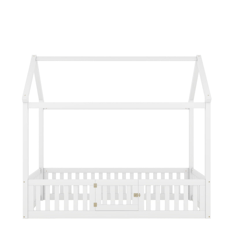 Wood House Bed With Fence And Door