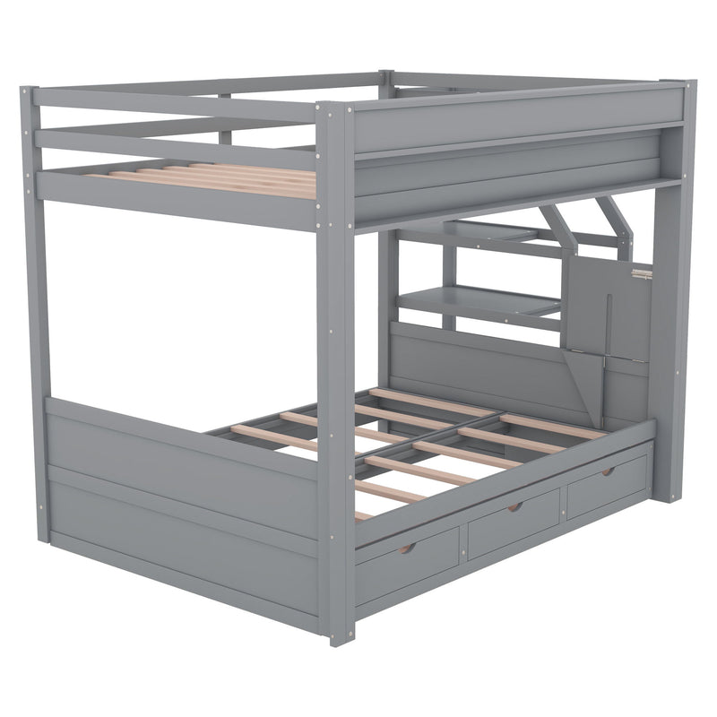 Wood Full Size Convertible Bunk Bed With Storage Staircase, Bedside Table, And 3 Drawers - Gray