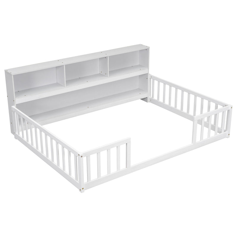 Floor Bed With Side Bookcase, Shelves, Guardrails