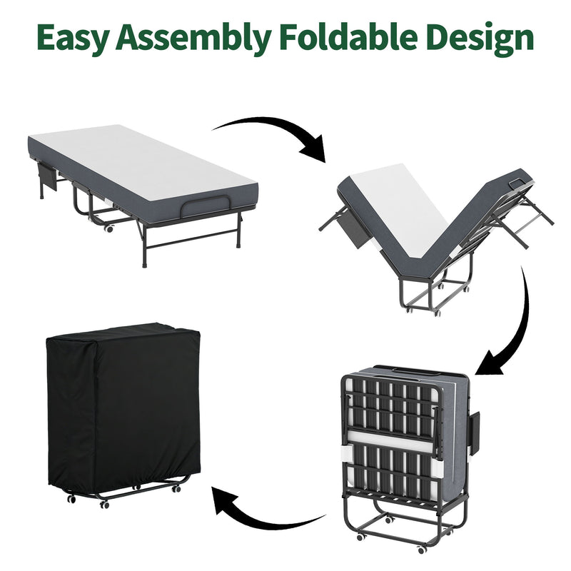 Twin Folding Bed With Memory Foam Mattress, On Wheels, Portable Bed For Adults & Guests - Black