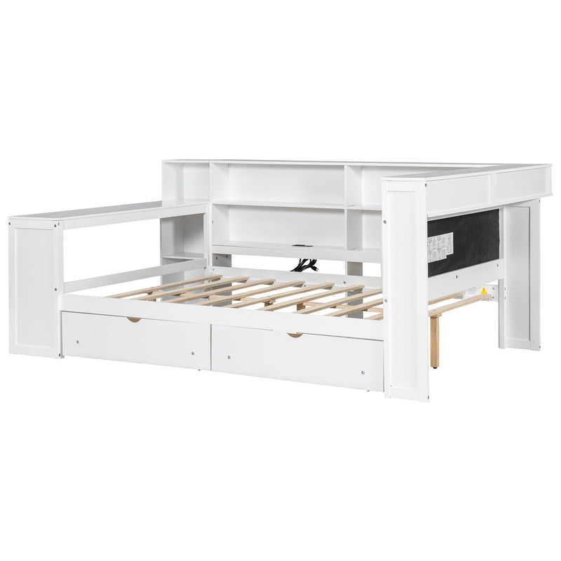 Platform Bed With Storage Shelves, Drawers, Charging Station, LED, Desk
