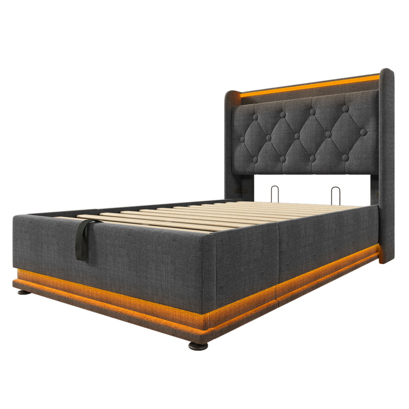 Upholstered Bed, 360 Surround LED Function, Remote Control, Hydraulic Storage Bed With USB, Type-C Charging (Without Mattress)