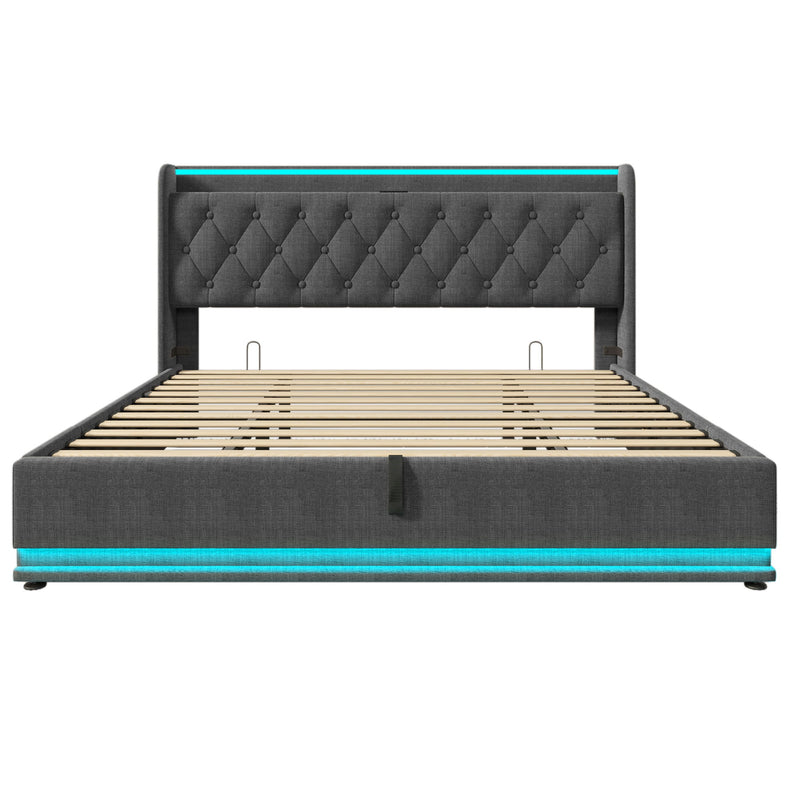 Upholstered Bed, 360 Surround LED Function, Remote Control, Hydraulic Storage Bed With USB, Type-C Charging (Without Mattress)