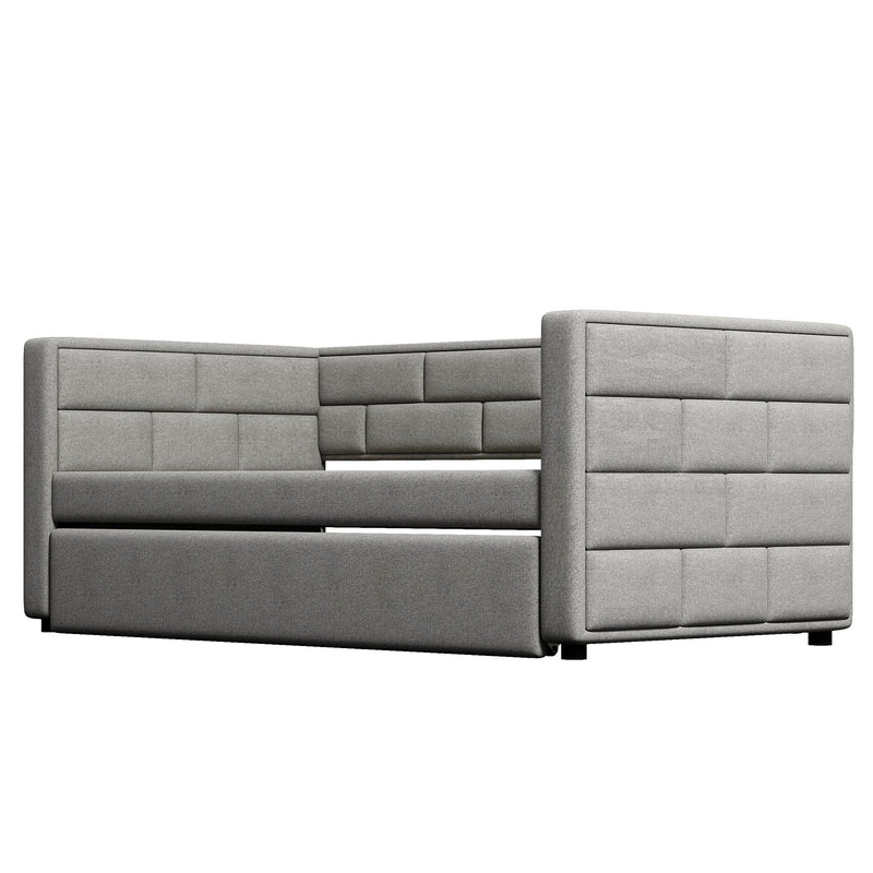 Upholstered Twin Size Daybed With Trundle, Padded Back And Sides - Gray