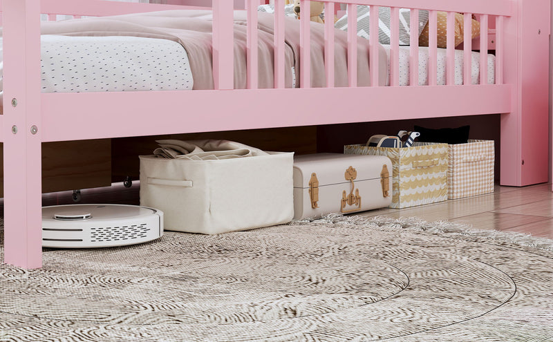 Bed With Headboard Storage Rack, 2 Under Bed Drawers, 3 Side Guardrails For Safety