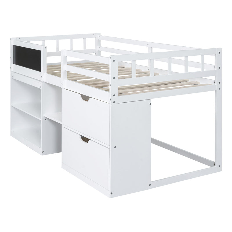 Low Loft Bed With Rolling Desk, Shelf And Drawers