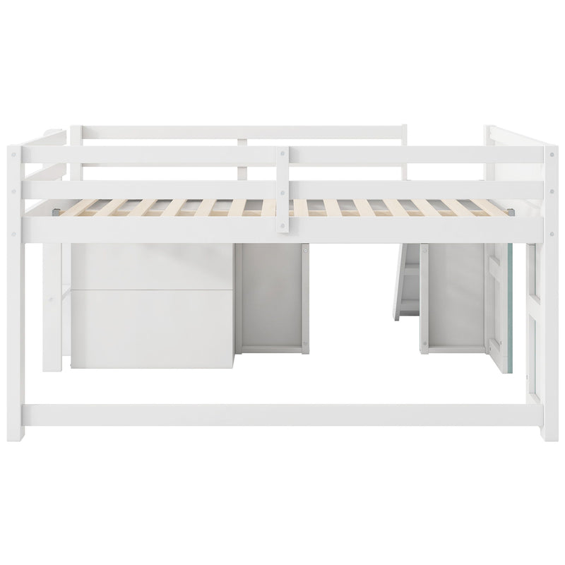 Modern Low Loft Bed With Slide, 3 Storage Drawers, And 2 Doors