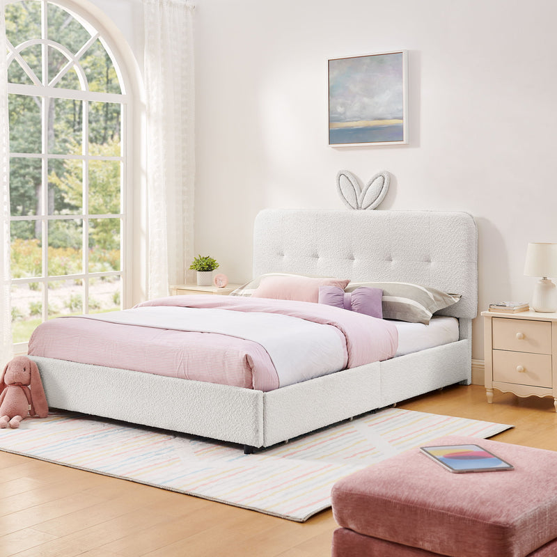 Upholstered Bed With Oversized Rabbit Ear Headboard, LED Lights & 4 Storage Drawers