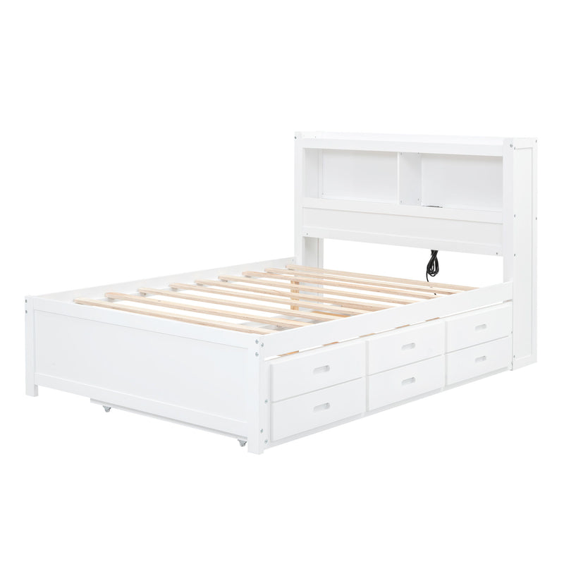 Platform Bed With Trundle, Drawers, USB Ports And Built In Shelves