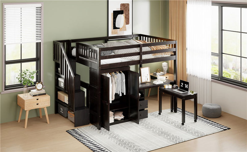 Full Size Loft Bed With Stairs, Bookshelf, Drawers, Desk & Wardrobe, Space Saving Multifunctional Furniture - Espresso