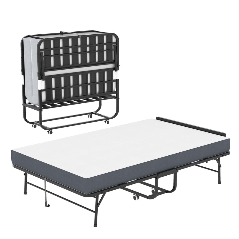 Twin Extra Long Folding Bed With Adjustable Headboard, Cot With Memory Foam Mattress - Black