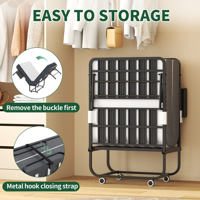 Twin Folding Bed With Memory Foam Mattress, Space Saving Rollaway Guest, On Wheels, Portable For Adults & Guests - Black