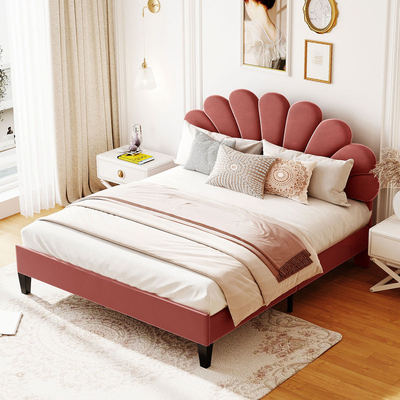 Upholstered Platform Bed With Flower Pattern Headboard