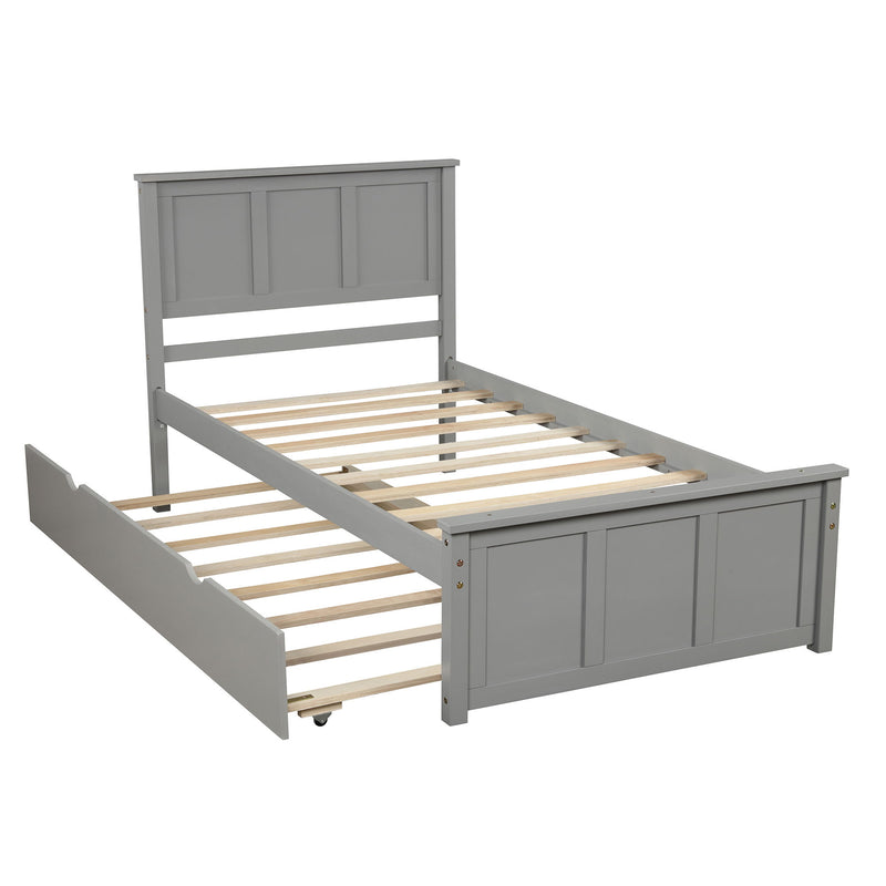 Platform Bed With Twin Trundle And Frame, Twin Size - Gray
