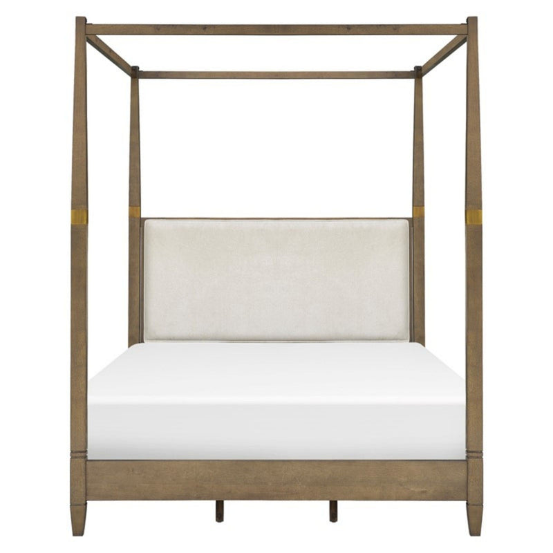 Queen Canopy Bed Frame With Upholstered Headboard - Brown