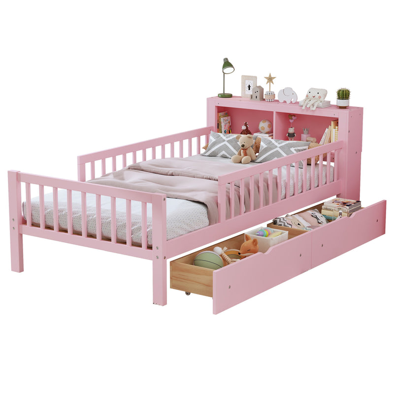 Bed With Headboard Storage Rack, 2 Under Bed Drawers, 3 Side Guardrails For Safety