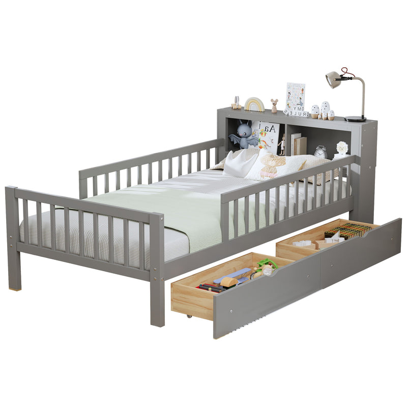Bed With Headboard Storage Rack, 2 Under Bed Drawers, 3 Side Guardrails For Safety