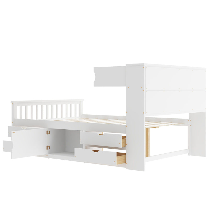 Captain Platform Bed Frame With Bookcase Headboard, 4 Drawers, Storage Shelves