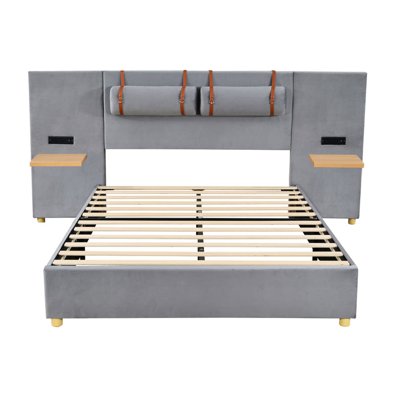 Upholstered Platform Bed, 2 Outlets And USB Charging Ports On Both Sides, 2 Bedside Pillows, Storage Shelves