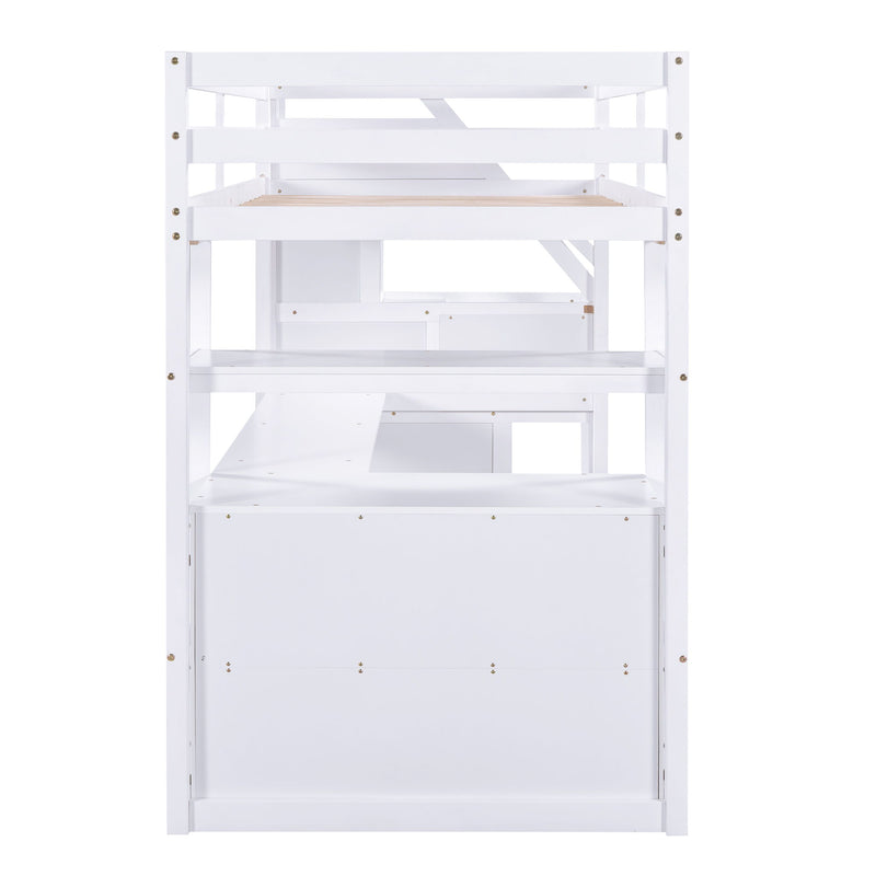 Loft Bed With Desk, Shelves, 2 Drawers, Storage Staircase