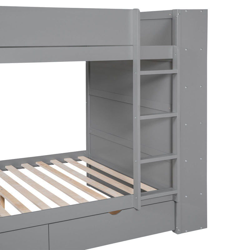 Full Over Full Bunk Bed With 2 Drawers And Multi-Layer Cabinet - Gray