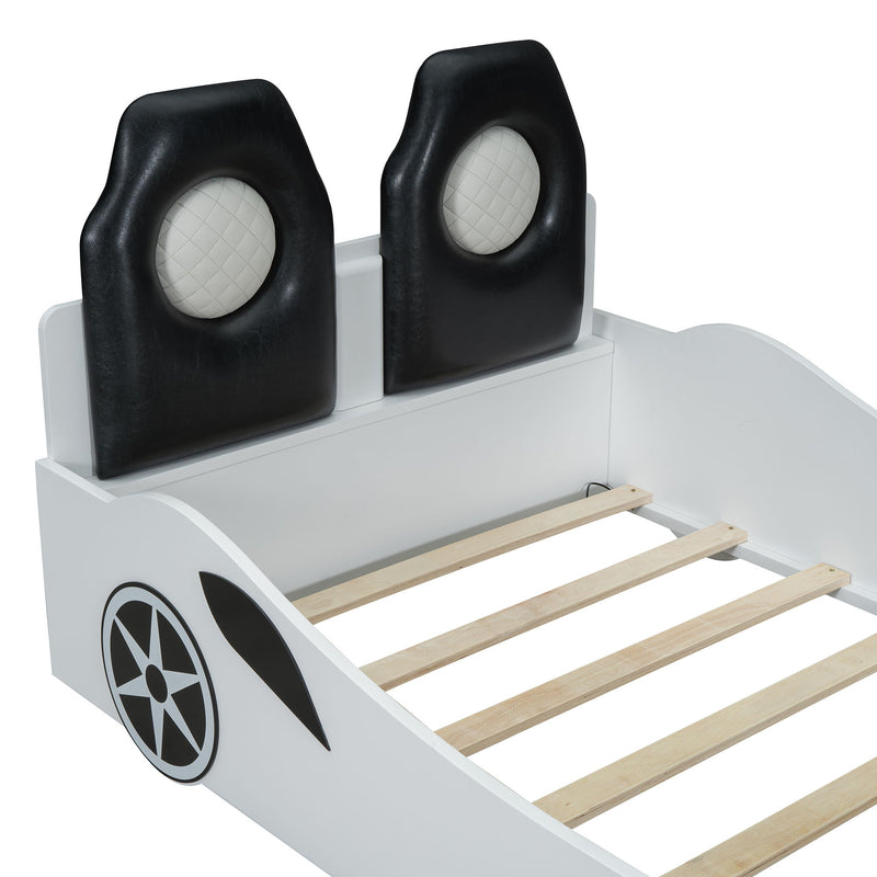 Race Car Shaped Platform Bed With LED And Upholstered Backrest In