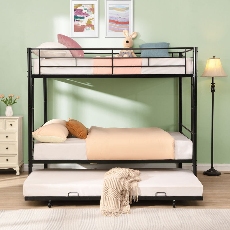 Full Over Full Modern Metal Bunk Bed With Trundle - Black