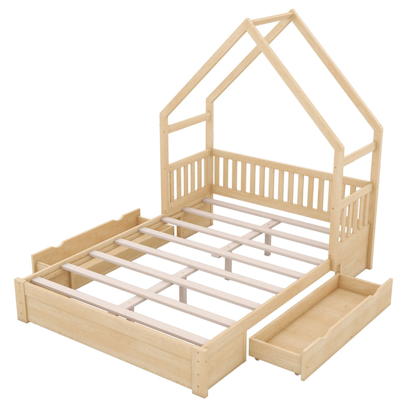 House Style Platform Bed With Guardrail And 2 Drawers