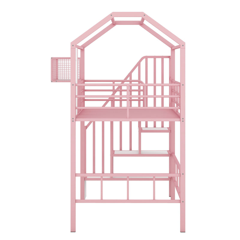 Metal Loft Bed With Roof Design And Storage Box With Guardrails And Integrated Ladder
