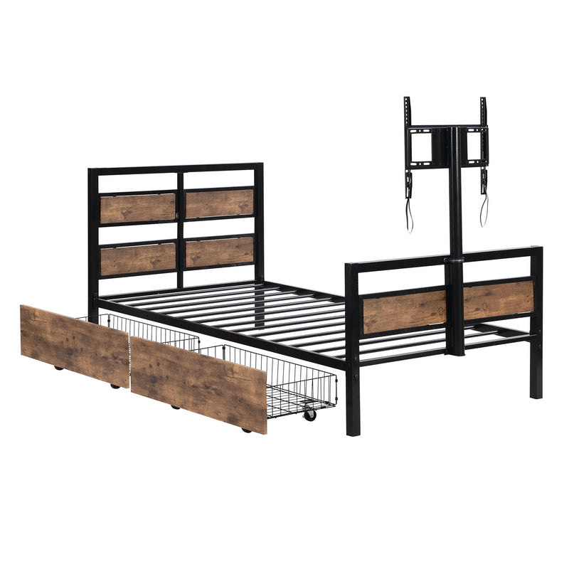 Twin Size Platform Bed With Headboard And Footboard, 2 Storage Drawers And Rotatable TV Stand - Black