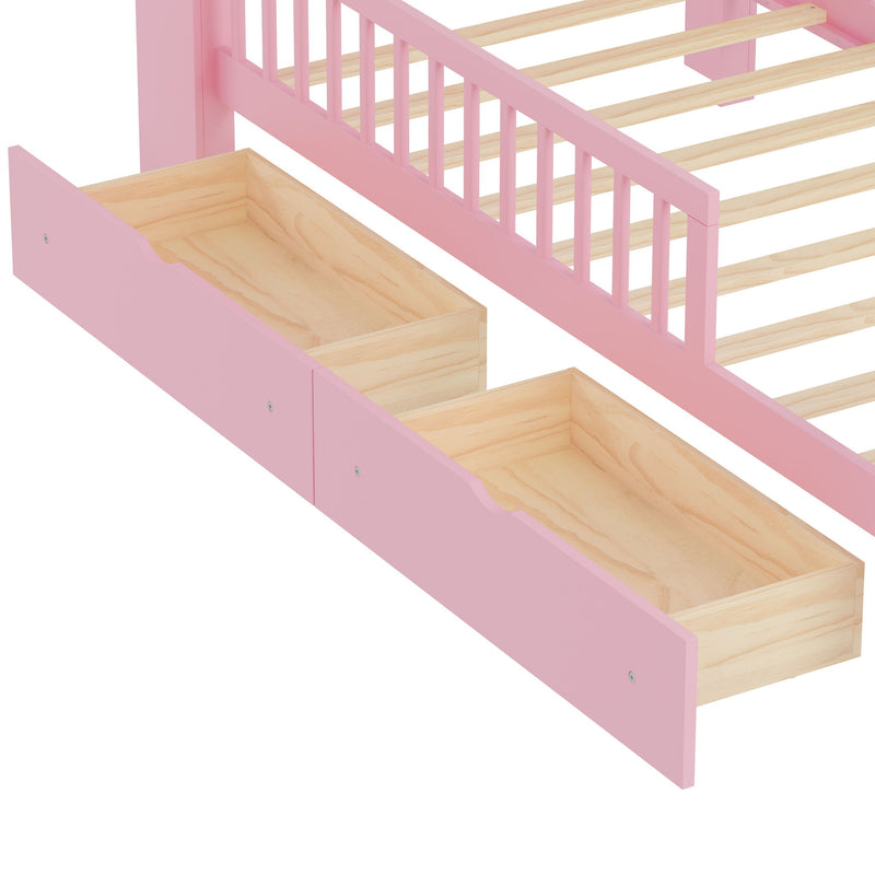 Bed With Headboard Storage Rack, 2 Under Bed Drawers, 3 Side Guardrails For Safety