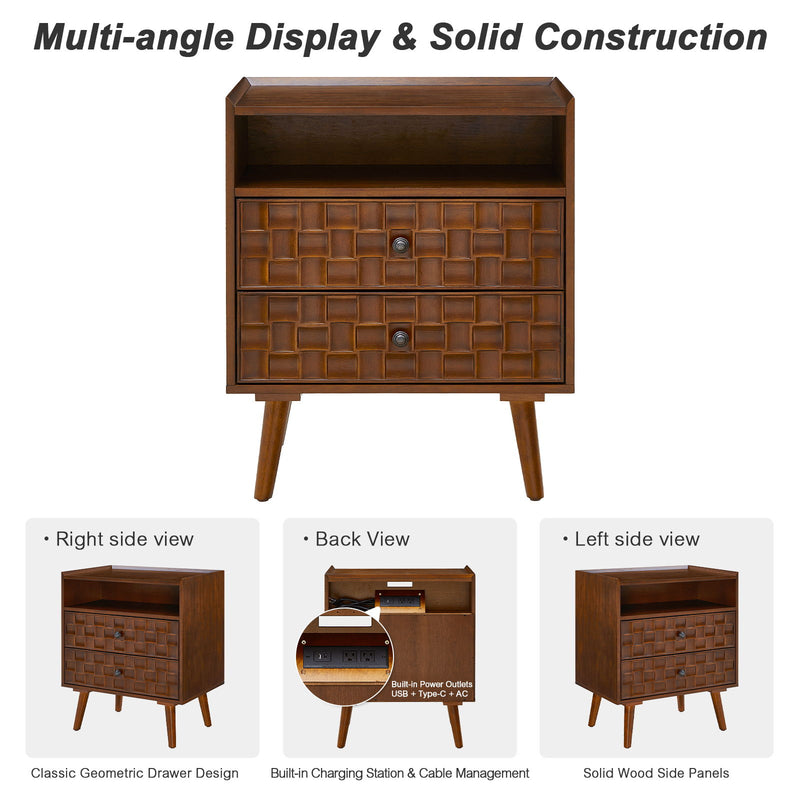 Nightstand With Charging Station, 2 Drawer Bedside Table With Shelf And USB / AC Ports